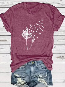 Vanessa | Lässiges T Shirt mit grafischem Löwenzahn Print – Fuchsie