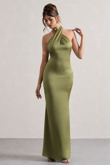 Karrie | Langes Neckholder-Kleid Satiniert – Grün