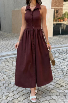Damen ärmelloses A Linie Midikleid mit Kragen und Gürtel – Braun
