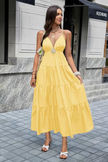 Damen ärmelloses Kleid mit hoher Taille und offenem Rücken – Gelb