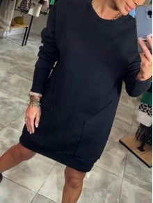 Gemütliches Sweatshirt-Kleid in Übergröße mit Fronttasche für Frauen – Schwarz