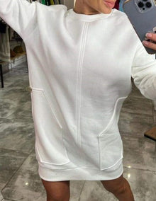 Gemütliches Sweatshirt-Kleid in Übergröße mit Fronttasche für Frauen – Weiß