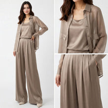 Seville Satin Touch™ 3-Teiliges Set mit Fließender Überwurfbluse und Weiter Hose – Khaki
