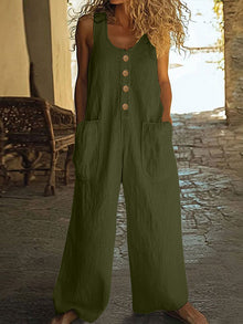 Lässiger Button-Up Jumpsuit mit weitem Bein und Taschen – Militärgrün