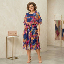 Garden Glow™ Bedrucktes Midikleid mit Überlage – Tropische Aquarellfarben (Blau + Rosa + Gelb)