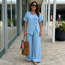 Savena™ Set aus Baumwollleinen mit asymmetrischer Bluse und fließender Palazzohose – Blau