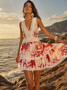 Matea – Bedrucktes Minikleid MIT V-Ausschnitt Und Spitzenbesatz – Rot