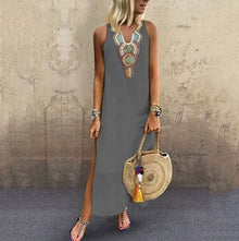 Sujin - Langes Leinen Kleid – Grau