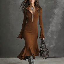 Evora Luxe™ Kleid Aus Geripptem Strick Mit Frontreißverschluss und Meerjungfrauensaum – Kaffeebraun