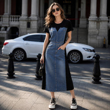 Alisse™ Kleid mit Denim-Panel und Modernem Design – Schwarz
