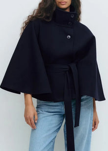 Felicia | Damen Frühjahrs Cape-Mantel mit Gürtel und Stehkragen – Marineblau