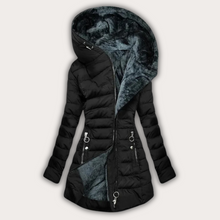 Warme Damen Daunenjacke mit Fellkapuze – Schwarz