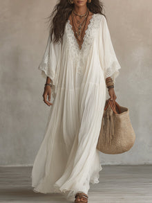Ainura - Langes Kleid Aus Elfenbeinfarbenem Chiffon Und Spitze – Weiß