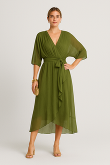 Yalina – Leichtes V-Ausschnitt Wickelkleid mit Asymmetrischem Saum – Grün
