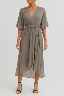 Yalina – Leichtes V-Ausschnitt Wickelkleid mit Asymmetrischem Saum – Grau