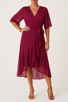 Yalina – Leichtes V-Ausschnitt Wickelkleid mit Asymmetrischem Saum – Lila