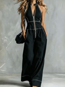 Bryana – Gestreifter Patchwork Jumpsuit – Schwarz