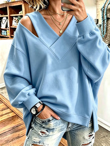 Kirstan – Schickes Oversize Sweatshirt Mit V-Ausschnitt Und Cut-out – Blau