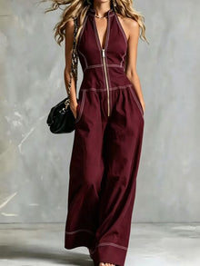 Bryana – Gestreifter Patchwork Jumpsuit – Burgund