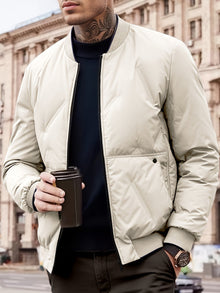 Warmer Baseballkragen Reißverschluss Solides Fleece Mit Taschen Winterjacke Für Herren | Perfekt für Outdoor-Aktivitäten – Beige