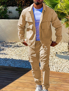 Moderner Langarm-Trainingsanzug mit Reißverschluss, Brusttaschen und Kordelzughose für Herren | Perfekt für Outdoor-Aktivitäten – Khaki