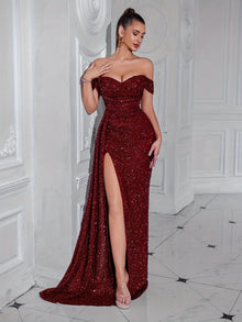 Elegantes Paillettenseitensplit Bodenlängenformelles Kleid Für Damen | Ideal für formelle Anlässe – Weinrot