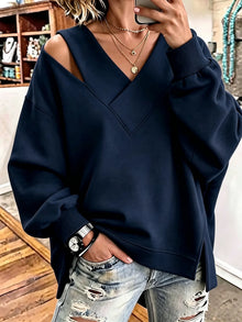 Kirstan – Schickes Oversize Sweatshirt Mit V-Ausschnitt Und Cut-out – Marineblau