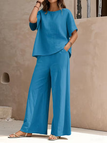 Josy – Set Aus Kurzärmeliger Bluse Und Hose mit Weitem Bein – Blau