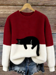 Aiste - Lässiger Pullover Mit Katzenmotiv – Rot