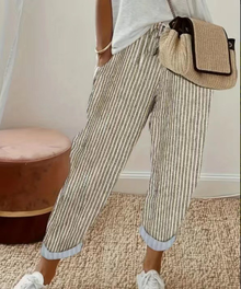 Nathalie | Damen Gestreifte Weite Hose – Khaki