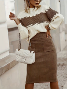 Lässiges Geripptes Pullover-Set Mit Farbabstufung Und Einfarbigem Midi-Rock Für Damen | Perfekt für legere Tage – Braun