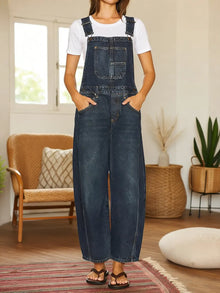 Nora | Denim Latzhose Jumpsuit mit Taschen – Dunkelblau