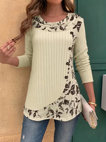 Lucynda – Geripptes Langarm Oberteil mit Print und Knopfdetails – Aprikose