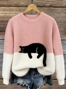 Aiste - Lässiger Pullover Mit Katzenmotiv – Rosa