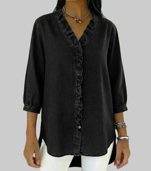 Amalia | Damen Rüschen V-Ausschnitt Bluse – Schwarz