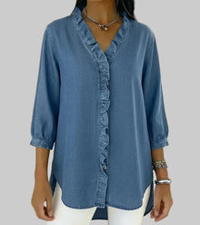 Amalia | Damen Rüschen V-Ausschnitt Bluse – Blau