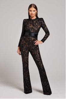 Damen-Jumpsuit mit tailliertem Schnitt und Spitzen-Details – weites Bein – Schwarz