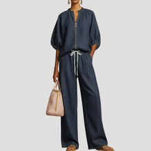 Anke | Damen Zweiteiler Set Weites Bein Puffärmel – Marineblau
