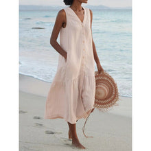 Annelie | Damen Ärmelloses Midikleid V-Ausschnitt Knopfleiste – Beige