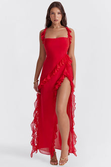 Elegantes One-Shoulder-Abendkleid mit Rüschen und hohem Schlitz – Rot