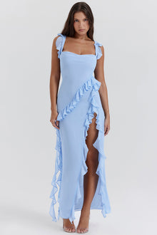 Elegantes One-Shoulder-Abendkleid mit Rüschen und hohem Schlitz – Blau