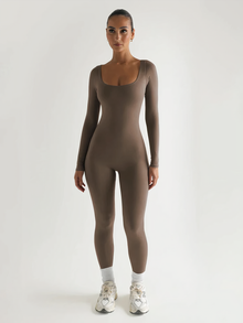 Langarm Yoga Jumpsuit Damen – Figurbetont & Atmungsaktiv – Khaki