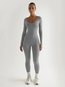 Langarm Yoga Jumpsuit Damen – Figurbetont & Atmungsaktiv – Hellgrau