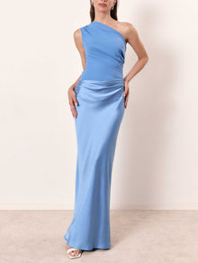 One Shoulder plissiertes Party Maxikleid – Blau