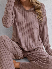 Damen Ripp Lounge Set mit langen Ärmeln – Kaffeebraun