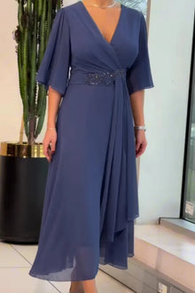 Bhagya - Elegantes langes Chiffon Kleid Mit V-Ausschnitt – Blau