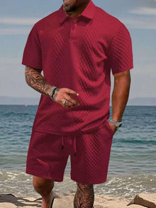 Niall - Strukturiertes Set aus Poloshirt und Shorts – Rot