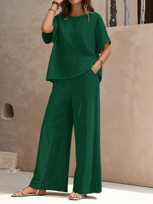 Josy – Set Aus Kurzärmeliger Bluse Und Hose mit Weitem Bein – Dunkelgrün