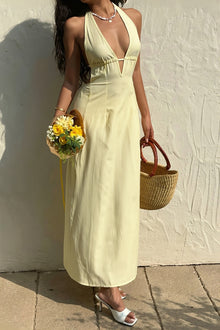 Sexy Streifen Halter Maxikleid rückenfrei mit Schnürung – Gelb