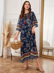Mirri - Ethnisches grafisches Wandteppich Boho Midikleid – Marineblau